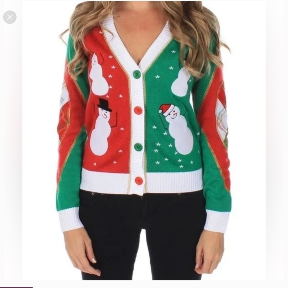 Embroidered Patchwork Plaid Snowman Holiday Button Up Cardigan Sweater Medium